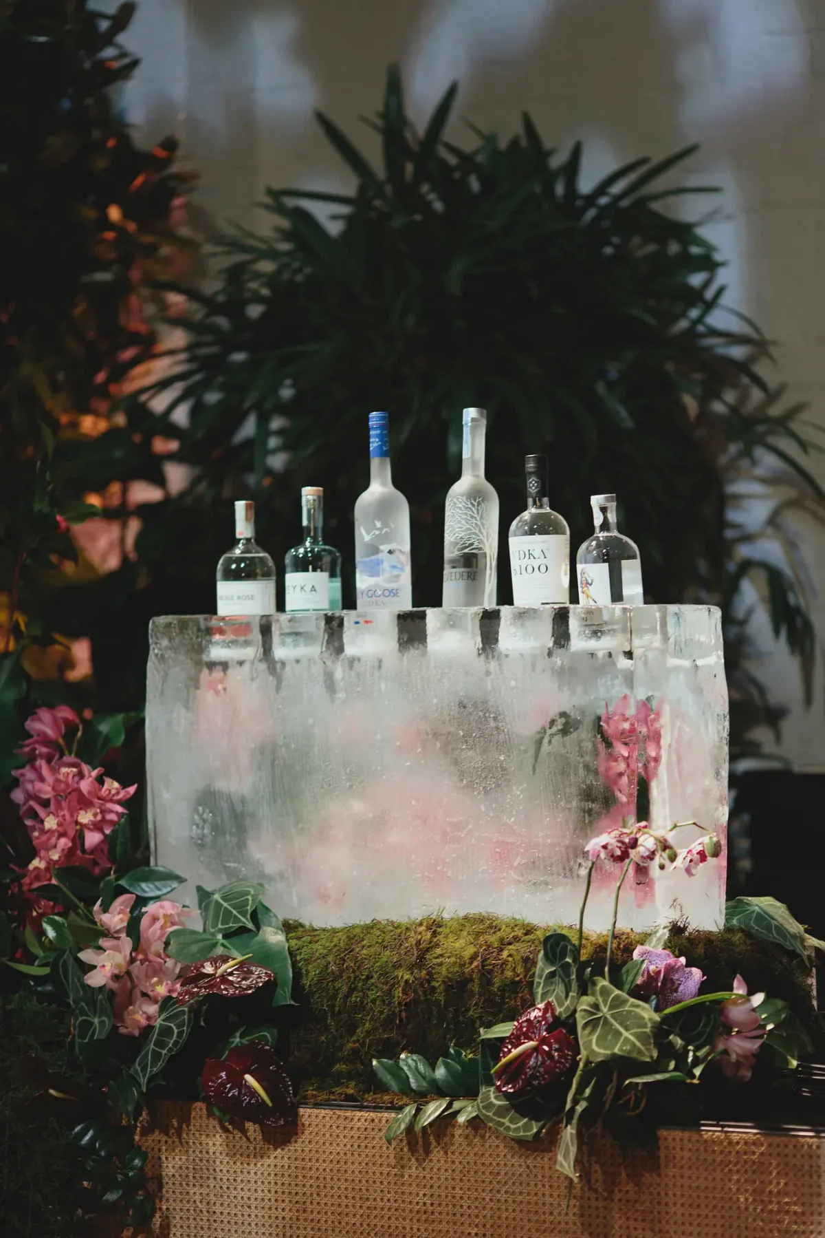 Spirits displayed on a carved ice block bar dressed with orchids and moss at Half Acre