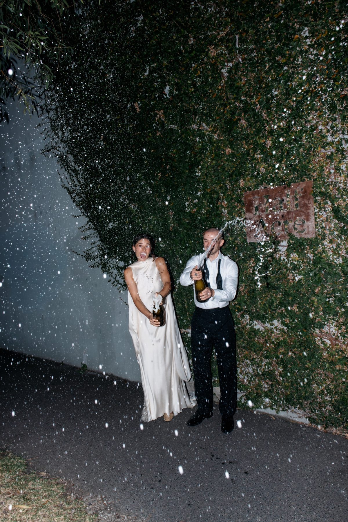 Bride and groom popping champagne beside the ivy-covered wall at Half Acre