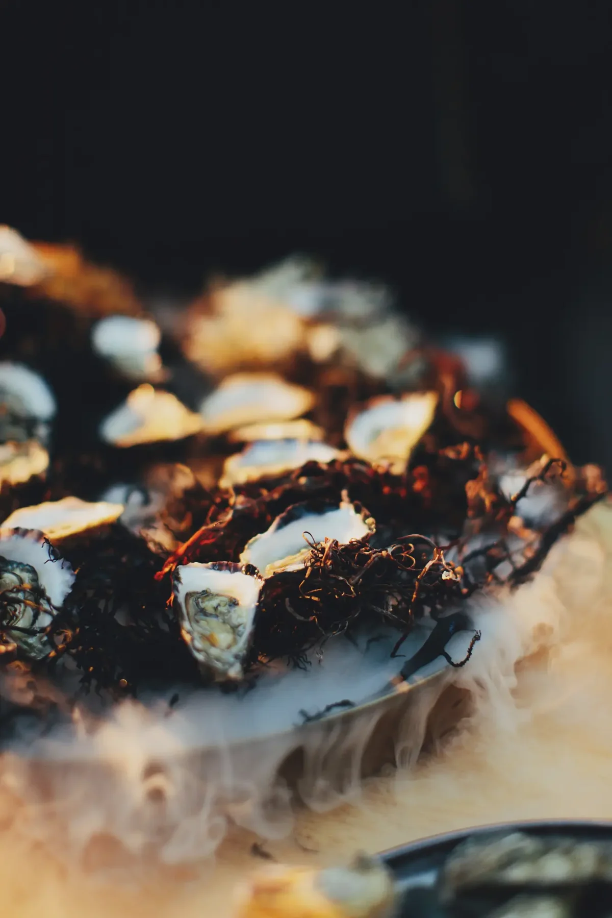 Freshly shucked oysters served over dry-ice smoke at Half Acre